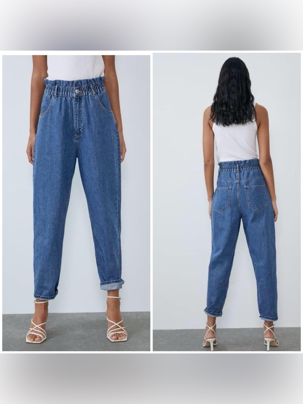 Zara Dark Blue Denim High-Waist Tapered Paper Bag Jeans